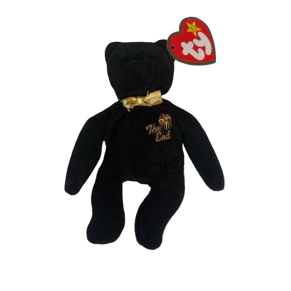 Ty Beanie Baby The End Bear 1999 Black Gold Bow Retired Plush